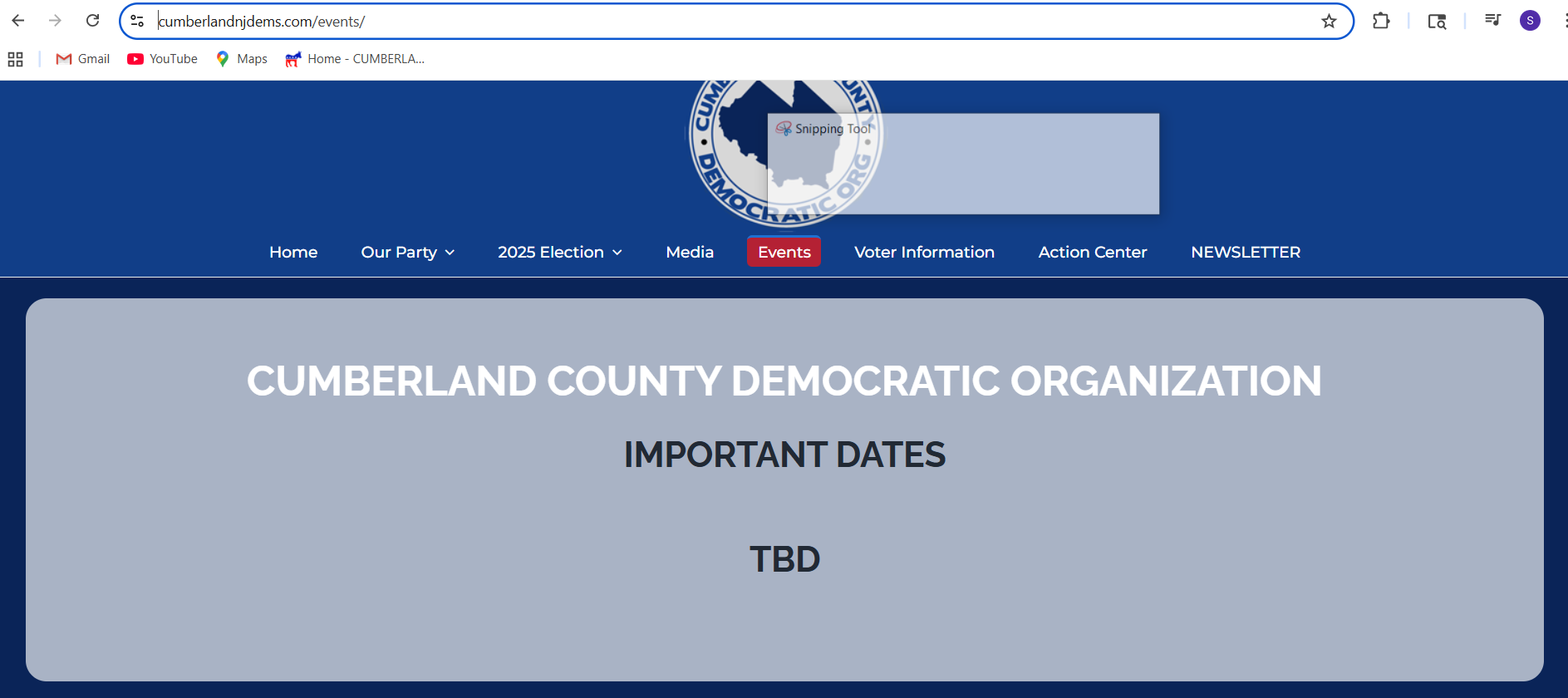 Empty events page on Cumberland County Democrats site showing no upcoming events